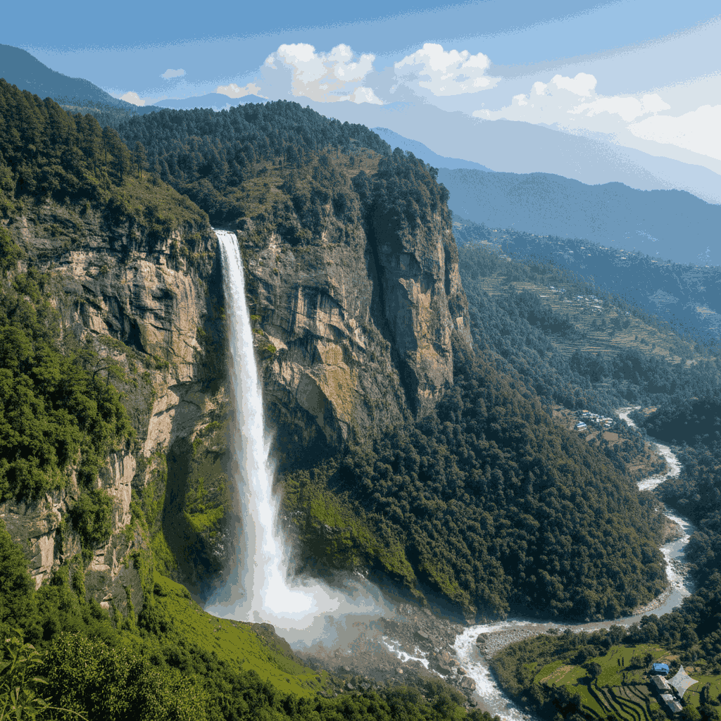Tindhare waterfalls in Nepal: Cinematic ribbon-shaped waterfall