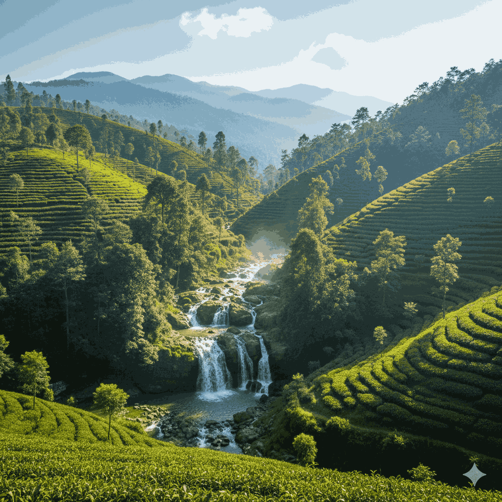 Waterfall with tea gardens or green forest around